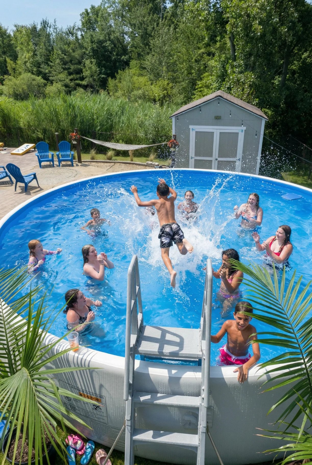 Kids splashing and jumping into a backyard above-ground pool on a sunny day